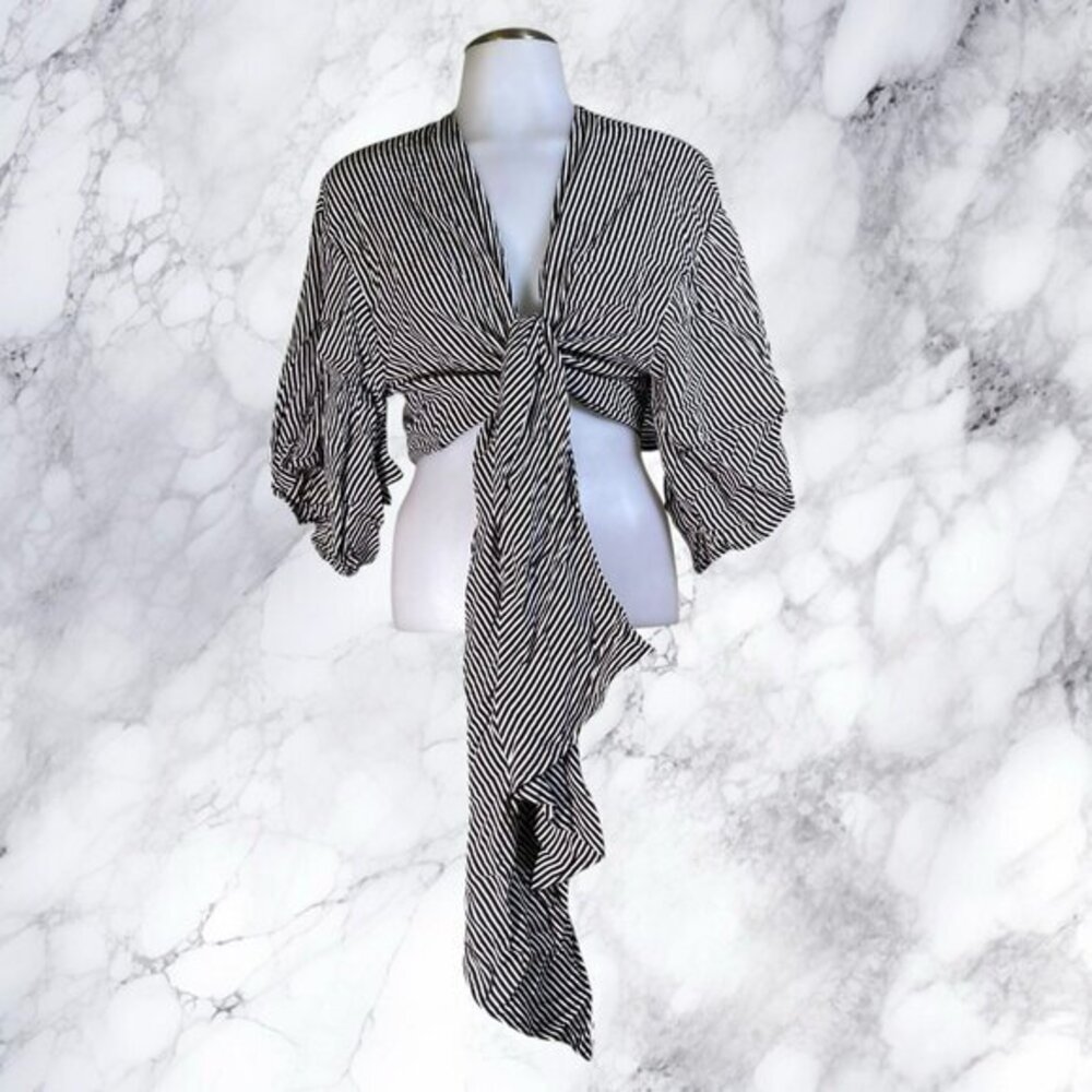 Indikah Tie Kimono Batwing Top in Black Stripe